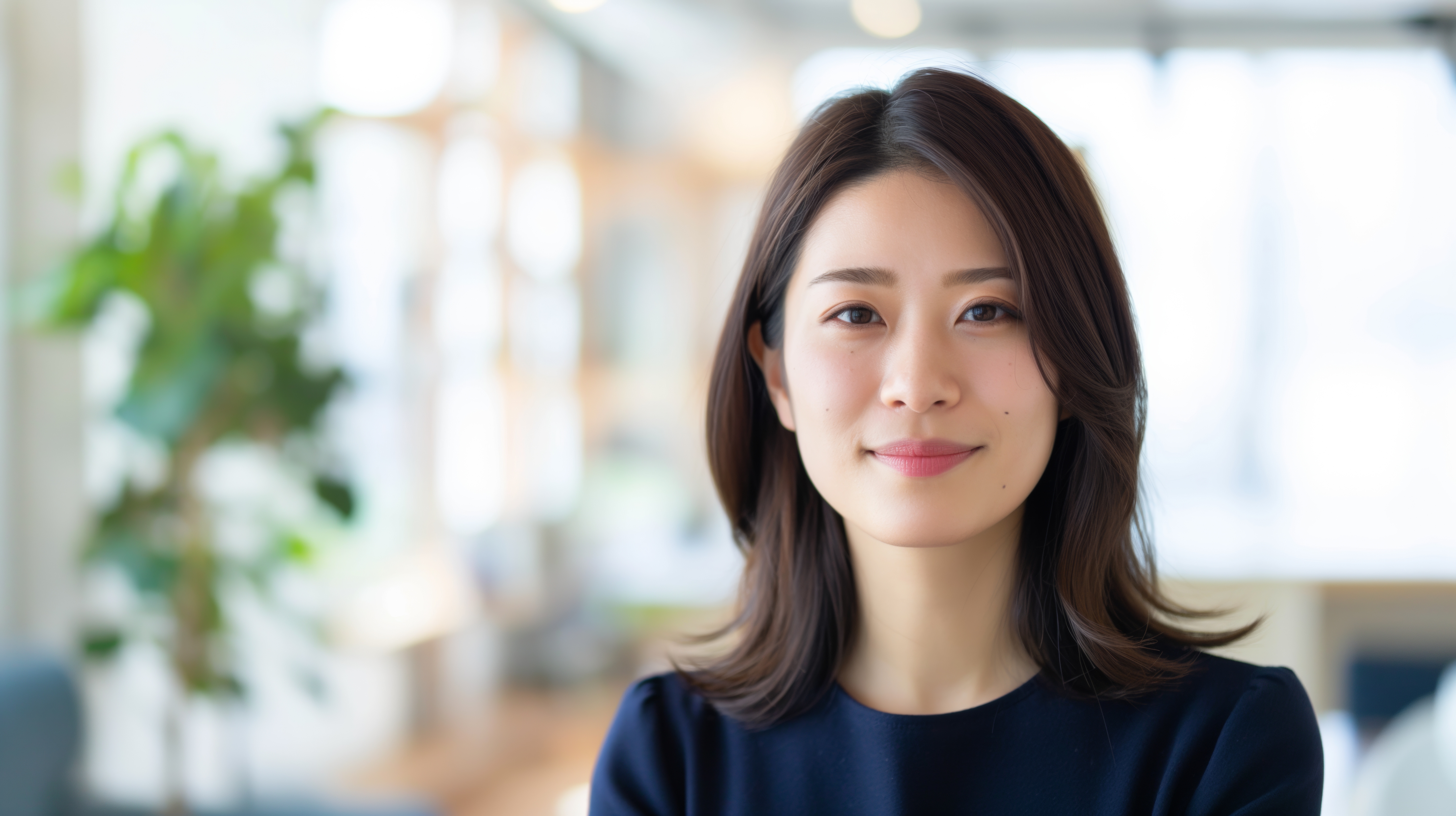 Young japanese woman smiling in an office setting